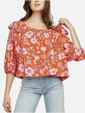 Free People Miss Daisy Floral Peasant Top - Orange/Pink XS